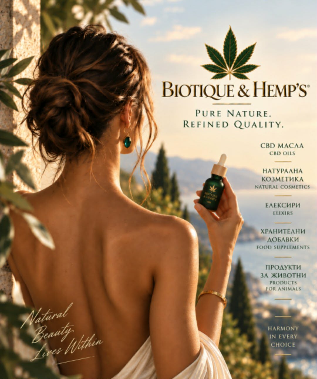Biotique & Hemp's — жена с флакон CBD масло сред природата